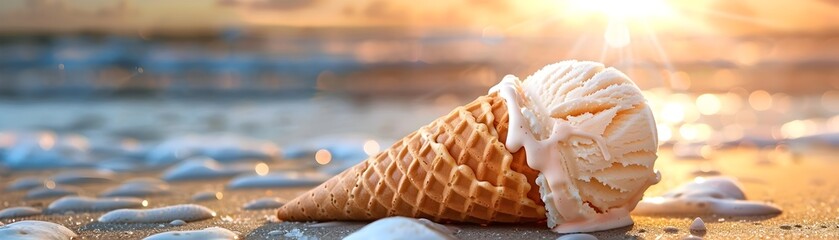 A large ice cream cone is sitting on the sand at the beach