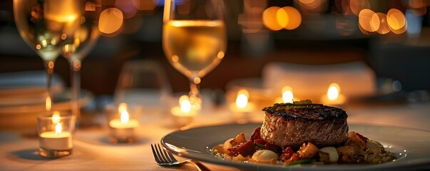 A plate of food with a steak and a side of vegetables sits on a table with a candle lit in the background