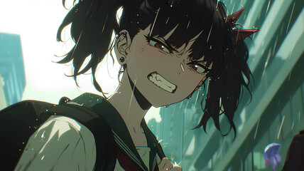 school uniform anime girl character with an annoyed face, pigtailed hair