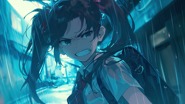 school uniform anime girl character with an annoyed face, pigtailed hair