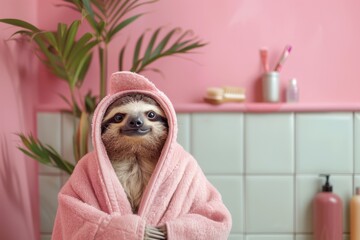 Fototapeta premium A sloth in a pink bathrobe relaxes after a massage