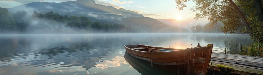 Serene lakeside at sunrise mist rising off the water