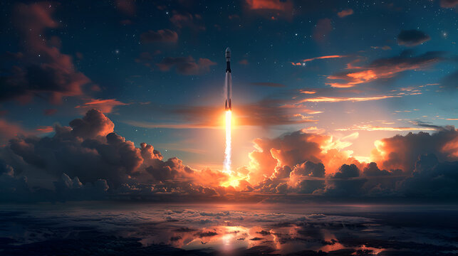 SpaceX rocket Falcon 9 rocket capsule soars upward after lifting off from launch pad. Digitally enhanced. Digital illustration of SpaceX Falcon 9 rocket and capsule launching, Generative Ai
