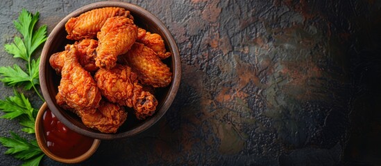 Fried Chicken. bowl of fried chicken wings. The wings are coated in a crispy batter and are served with a side of dipping sauce. web banner with Copy space for text. - obrazy, fototapety, plakaty