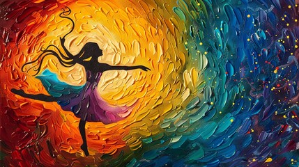 An abstract painting of a ballet dancer against a vibrant, multicolored circular background.