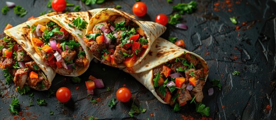 Gyros top view. Mexican tacos. The tacos are made with corn tortillas and are filled with a ground beef mixture. The beef is seasoned with spices and vegetables. The tacos are topped with shredded
