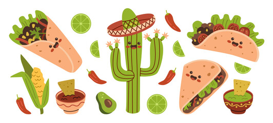 Mexican food funny characters set. Mexico cuisine cute happy face emoticons mascot collection. Smiling burrito, taco.