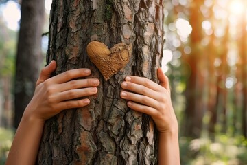 hands of a young woman hug a tree in the forest and show a sign of heart and love for nature, Generative AI - obrazy, fototapety, plakaty