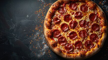 Pizza top view. web banner with Copy space for text. A pepperoni pizza sits on a table. It has a golden crust and melted cheese. Pepperoni is a type of dry sausage made from pork and beef.  - obrazy, fototapety, plakaty