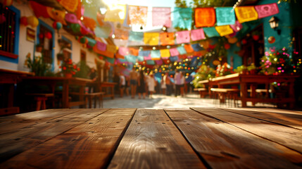 Empty wooden table with defocused decorated Mexican town, mockup scene for Cinco de Mayo holiday.