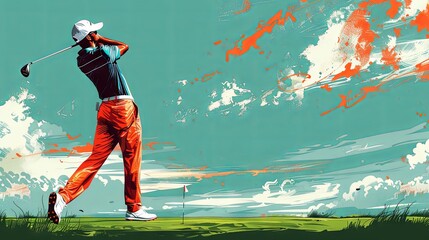 Rear view of golf player in action doing powerful swing. Surreal art style. Painted splashes of artwork. Concept of professional and luxury sport, leisure time, recreation, active lifestyle, games. - Powered by Adobe