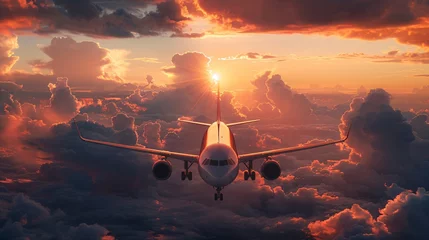 Fototapeten plane in the clouds, sunset, cinematic lighting, beautiful, text copy space © growth.ai