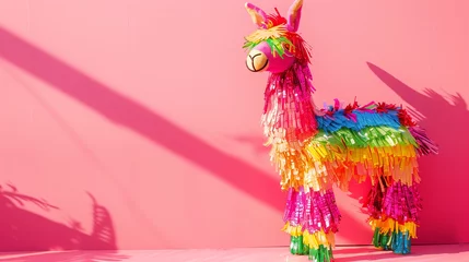 Fotobehang Vibrant llama pinata stands on a bright pink background casting playful shadows, spirit of a Cinco de Mayo celebration or any joyful party occasion © Maria Shchipakina