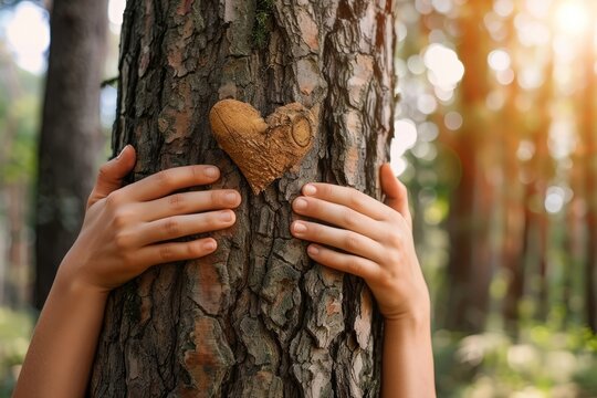 hands of a young woman hug a tree in the forest and show a sign of heart and love for nature, Generative AI