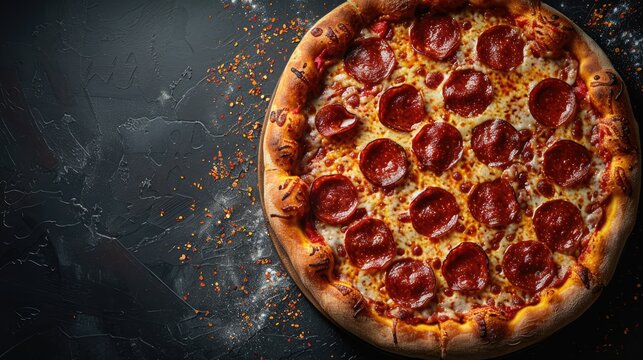 Pizza top view. web banner with Copy space for text. A pepperoni pizza sits on a table. It has a golden crust and melted cheese. Pepperoni is a type of dry sausage made from pork and beef. 