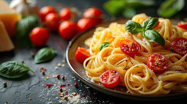 plate of pasta. plate of pasta with tomatoes and basil on a dark background. The pasta is spaghetti, and the tomatoes are cherry tomatoes