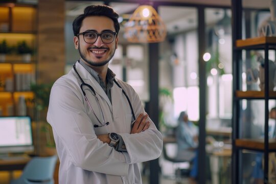 Portrait of young happy and smiling doctor, man in medical coat and stethoscope smiling and looking at camera, Arab doctor with crossed arms working inside modern clinic office, Generative AI