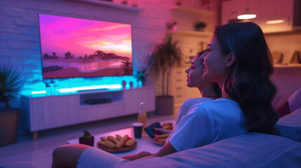 Naklejka premium Two Women Watching Sunset on Television in Cozy Living Room