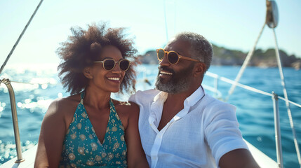 Mature African-American couple sailing in comfort on yacht in sea trip, happy mature man and woman in sunglasses enjoying sunshine and sea travel