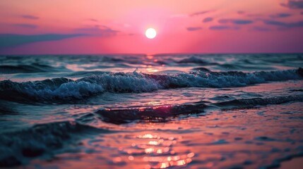 the ethereal beauty of a tranquil ocean sunset, with the sun painting the sky in shades of pink and...