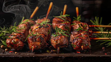 Grilled chicken on skewers on a wooden table in the kitchen, A platter of smoky grilled meat kebabs...