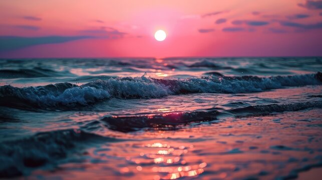 the ethereal beauty of a tranquil ocean sunset, with the sun painting the sky in shades of pink and purple, casting a serene reflection on the water