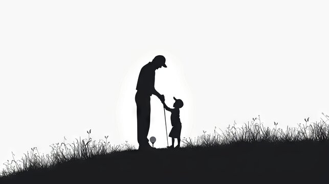 Colorful illustration of black silhouettes little child learning to golf with father, adult man on course with plants. Drawn art style. Concept of luxury sport, leisure time, recreation, games.