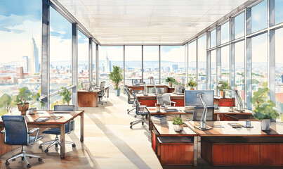 Fototapeta premium Panoramic view inside office in skyscraper without people. Watercolor style.