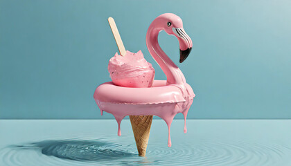 Pink stick ice cream melting with flamingo float on pastel blue background. Creative idea minimal...