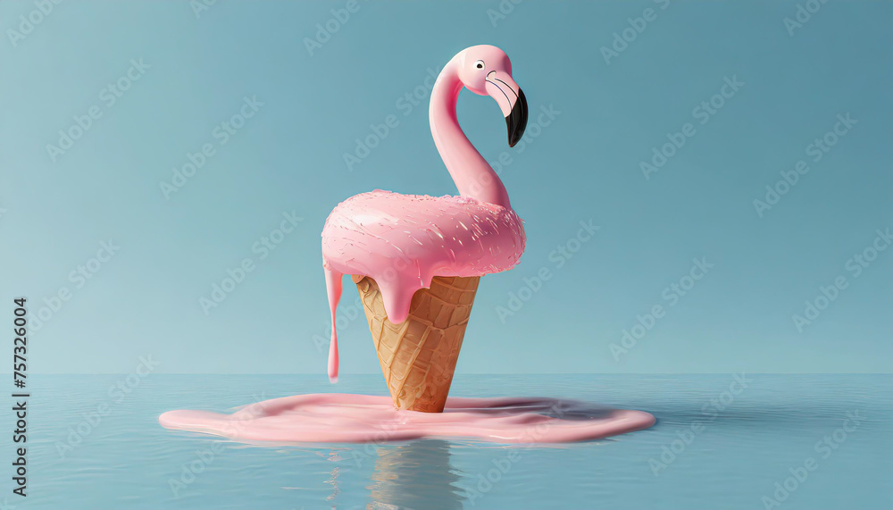 Wall mural Pink stick ice cream melting with flamingo float on pastel blue background. Creative idea minimal summer concept. 3d rendering, - Wall murals