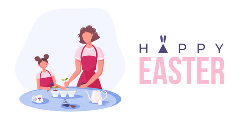 Happy Easter family traditions. Mother and daughter take care of plant. Indoor gardening. Flat cartoon vector illustration.