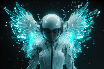 Woman with cybernetic wings that allow her to fly - obrazy, fototapety, plakaty