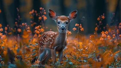 Fotobehang Deer in a field of flowers © Lauras Imperfections