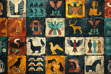 Vibrant tribal icons on rustic square tiles