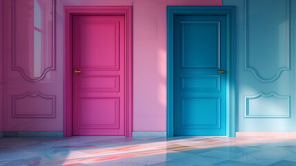 Two doors in a room with pink and blue walls, Generative Ai 