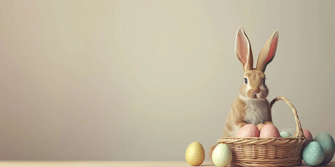 Easter bunny with a basket of eggs. A happy Easter bunny on a postcard on its hind legs with flowers. The cute hare