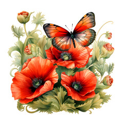 botanical illustration, vivid moths with striking patterns are seen exploring the rich scarlet poppies in full bloom.
