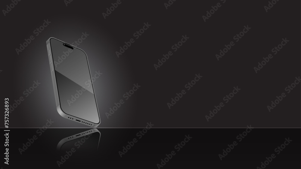 Poster black smartphone and mobile display light banner. smartphone screen template with shadow on a dark b