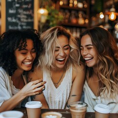 Three women are laughing and smiling at each other while sitting at a table with cups of coffee. Scene is cheerful and friendly