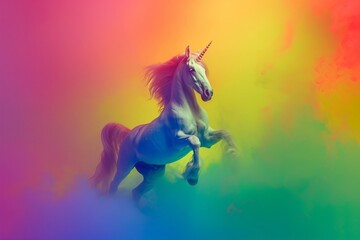 Obraz na płótnie Canvas In a burst of vibrant colors an LGBTQ unicorn dances its mane and tail adorned with the rainbow flag symbolizing pride and freedom