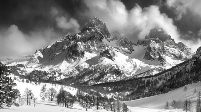 An image of snow capped mountains in black and white style. Monochrome image. 