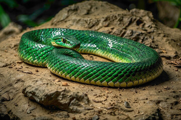Fototapeta premium Sleek and sinuous, snakes slither through the world with a grace that defies gravity, their iridescent scales shimmering like liquid silk as they navigate the hidden realms of earth and sky, embodying