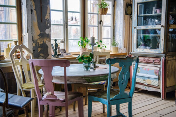 Rustic, vintage furniture, table and chairs of various bright colors in the dining room with large windows.