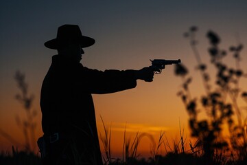 Fototapeta na wymiar In the dim light of a fading sunset a mans silhouette stands with a gun a shadowy figure of intrigue and impending action