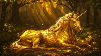 In the heart of the enchanted woods a golden unicorn rests its serene and cute demeanor a beacon of purity and grace in the magical gloom