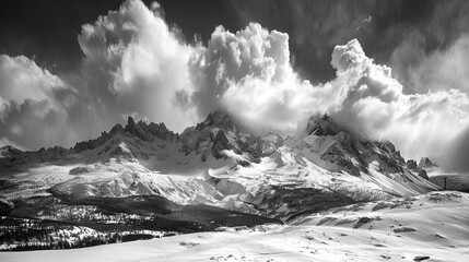 An image of snow capped mountains in black and white style. Monochrome image. 