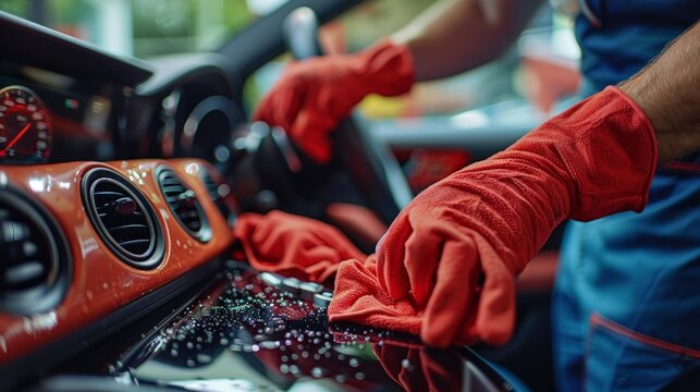 Cropped image of mature male worker cleaning car dashboard.