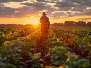 Fototapeta premium A man in a hat walks through a field of crops. The sun is setting, casting a warm glow over the scene