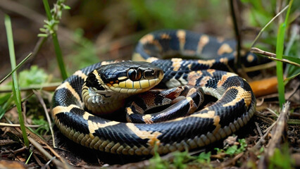 Fototapeta premium Sleek and sinuous, snakes slither through the world with a grace that defies gravity, their iridescent scales shimmering like liquid silk as they navigate the hidden realms of earth and sky, embodying