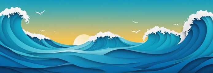 Sea illustration, blue waves. Summer design. Wide panorama. Design concept for water park, tourism, cruise, advertising, print. flat lay, copy space